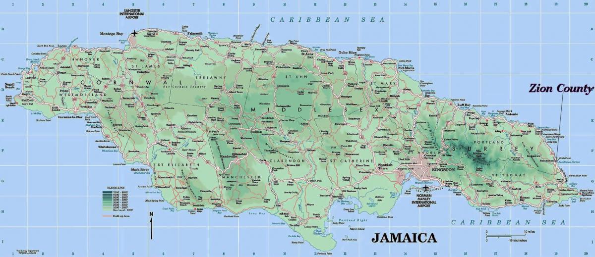 physical map of jamaica yang menunjukkan pegunungan